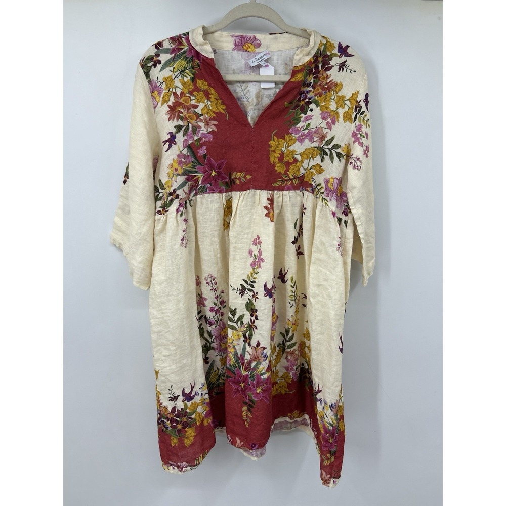 Le Ragarre Linen Dress Tunic Cream Floral Italy Womens Size M Bell Sleeve